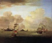 Monamy, Peter British men-o-war and a merchantman off Elizabeth Castle,Jersey oil painting on canvas
